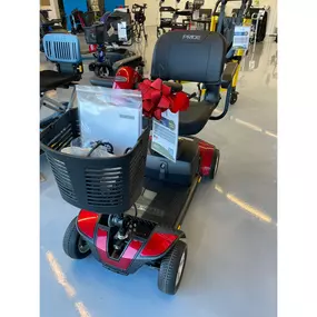 Pride mobility scooters on display and ready to rent or buy — fully charged and ready for demo at Medfirst Homecare.