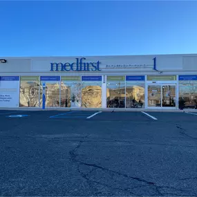 Close-up of Medfirst Homecare entrance in Elmwood Park, highlighting store access for equipment pickup, rentals, and walk-in consultations.