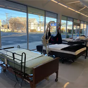 Inside our Elmwood Park showroom — featuring hospital beds, lift chairs, and mobility equipment ready for viewing, rental, or same-day delivery.