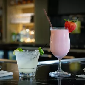 Two cocktails on display at Reel Food & Drink