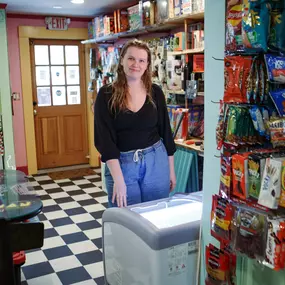 Nicola of Two Fools Gifts and Games, showing her support for Two Flips & the new ice cream cooler.