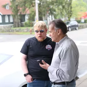 Peter Lyons Hall of the Warwick Valley Dispatch, interviewing Two Flips owner, for his article about all the groundbreaking technologies that brought Two Flips Pinball & Gifts to life.