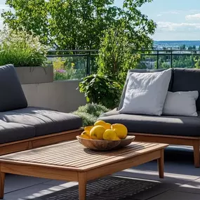 A scenic rooftop terrace at Creekline at Fairfield Apartments designed for leisure and socializing.