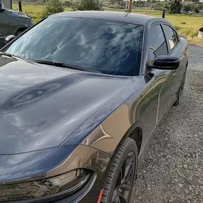 A dark grey Dodge Charger parked on a gravel surface, showcasing tinted side windows that contrast with the reflective windshield. The tint provides a sleek look against the rural backdrop.