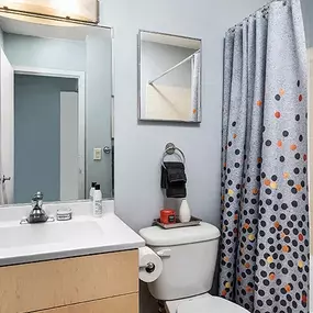 Bathroom with mirror, sink, bath tub and toilet