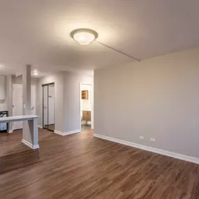 Large open space kitchen with unfurnished living room
