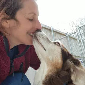 A sweet interaction between a dog and staff member during outdoor playtime, showing the loving and attentive care pets receive at Playtime Pet Resort Windham.