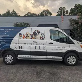Branded shuttle van for Playtime Pet Resort, designed to safely transport pets to and from the King of Prussia location. The van highlights services offered and emphasizes the facility’s high standards in pet care.