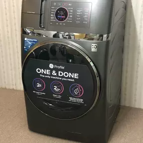 GE Profile’s One & Done washer/dryer combo on display, offering a complete 2-in-1 laundry solution.