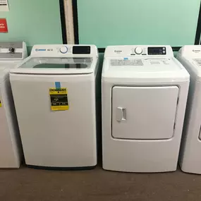 An affordable and modern washer and dryer pair from Element, featured on the showroom floor.