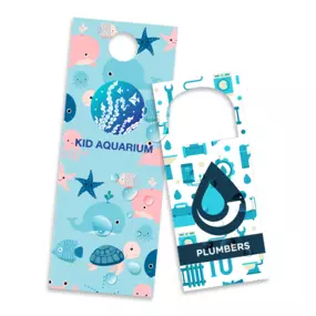 Door Hangers. UV Coated, available in various sizes, offer durable, eye-catching business promotion. The UV coating protects against fading and damage, ensuring a clear, effective message. We offer different sizes for various marketing needs.