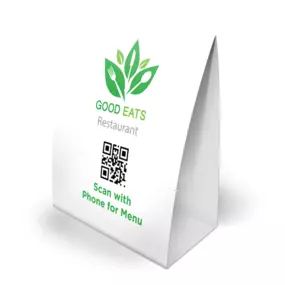 Tabletop Tent printed in cardstock UV. This promotional item can be placed on tables to advertise, highlighting special offers or company information. The UV printing ensures the colors and images remain vibrant and resistant to fading, even with frequent handling or exposure to light.