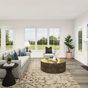 Great room boasts a gas fireplace and tall windows