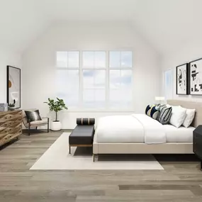Serene primary bedroom features a spa-like primary bath and large walk-in closet