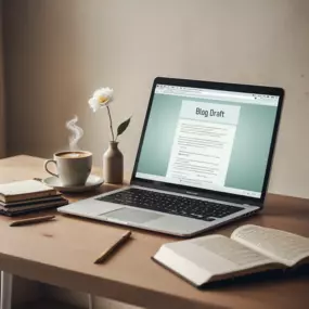 A warm and focused digital workspace showing a laptop screen with a blog draft in progress, symbolizing content creation and SEO blogging. Accompanied by a notebook, coffee cup, and flower vase, this setting reflects the creative process behind marketing, writing, and digital publishing.