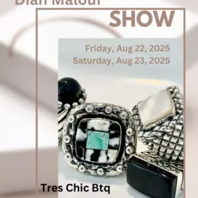 ✨ Meet Dian Malouf • USA-Made Jewelry Pop-Up ✨
Join us Friday & Saturday, August 22–23 at Tres Chic for an exclusive Dian Malouf Trunk Show, featuring her bold, handcrafted designs made right here in the USA ????????
Founded by fourth-generation Texan Dian Malouf, the collection began in 1986 with one iconic silver dome ring—and has grown into a stunning line of over 10,000 unique designs. Every piece is handmade, beginning with a carved wax mold, making each creation one-of-a-kind.
Her striking