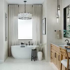 Elegant primary bathrooms with oversized showers and soaking tubs