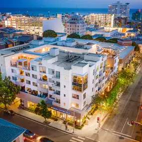 Modern exterior view of Riva Apartments in Santa Monica, CA, showcasing upscale architecture and luxury living near the beach.
