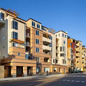 Exterior view of Riva Apartments in Santa Monica, CA, showcasing contemporary architecture and upscale urban living.