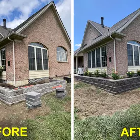 This home in Oxford, Ohio needed a landscaping bed. But the ground around the house had a severe decline. So we used landscaping blocks to create a planter around that corner. If you have a complex landscaping challenge, we can help. Visit our website to see our work.