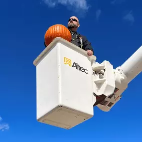 ISA-Certified Arborist performing tree pruning from a bucket truck.