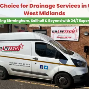 #1 Drainage Contractors in the West Midlands

Draintech Services (Midlands) Ltd is the number one choice for expert drainage solutions across Birmingham, Coventry, Wolverhampton, and the wider West Midlands. 

Backed by over 35 years of hands-on experience, we specialise in drain repairs, CCTV drain surveys, and 24/7 emergency drainage services for both residential and commercial properties.

From blocked drains and collapsed pipework to urgent flooding issues, our fully qualified engineers prov