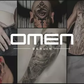 Tattoo-Collage mit Kunstwerken aus dem OMEN Studio Berlin – Fineline, Blackwork, Realismus & individuelle Styles.