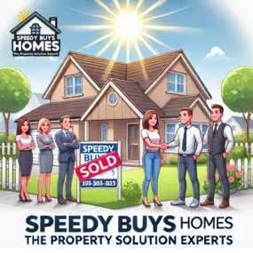 This bright, friendly illustration depicts a successful home sale facilitated by Speedy Buys Homes. The image portrays smiling, approachable team members shaking hands with a happy homeowner in front of an attractive suburban home, featuring a prominent 