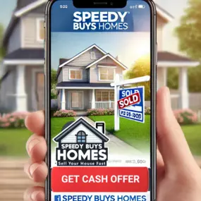 This image features a smartphone displaying the Speedy Buys Homes app or website, visually emphasizing convenience and ease of use for homeowners looking to sell quickly. The screen prominently showcases a suburban home with a clear 