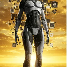 AI tools robot on space gold.