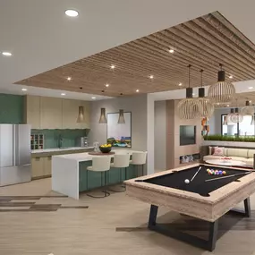 Rendering of the game room with pool table