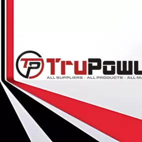 The TruPowur logo is prominently featured against a dynamic, modern background with bold red, black, and white geometric design elements. The logo combines sharp typography with a stylized “TP” monogram inside a circular emblem, emphasizing strength, innovation, and reliability. Below the brand name, the tagline reads: “All Suppliers • All Products • All Markets,” reinforcing TruPowur’s commitment to comprehensive energy solutions across the industry.