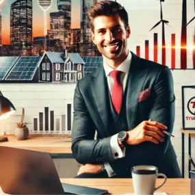 A confident business professional in a modern office environment, representing TruPowur's commitment to innovation and transparency in the energy sector. The workspace is adorned with graphs, wind turbines, solar panels, and a cityscape—symbolizing TruPowur’s focus on clean energy, technology, and smart energy solutions. The TruPowur logo is prominently displayed, reinforcing the brand’s presence as a leader in energy savings and utility audits.