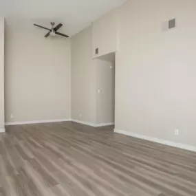 interior bedroom with hardwood floors and ceiling fan