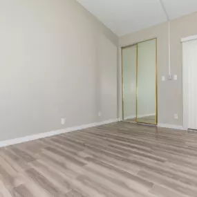 apartment bedroom interior with hardwood floors and closet mirror
