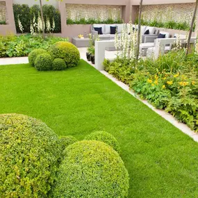 A beautifully designed modern garden features a lush green lawn, sculpted topiary shrubs, and vibrant flower beds, with a stylish outdoor seating area in the background.