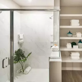 Bathroom with stand-up shower at Camden Clearwater apartments in Clearwater, FL