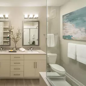 Bathroom with double-sink vanity at Camden Clearwater apartments in Clearwater, FL