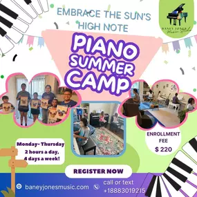 ???????? Make This Summer Musical! ????????
Ready to turn screen time into creativity and confidence? Enroll your child in Baney Jones Music Studio’s Piano Summer Camp!
☀️ Fun-filled piano lessons
???? Hands-on learning with real progress
???? Music games, group play & mini performances
???? Designed for beginners and young musicians
Whether your child is just starting out or continuing their journey, our camp builds skills, focus, and a lifelong love for music—all in a fun and supportive settin