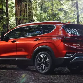 Side profile of the Hyundai Santa Fe in a forest setting