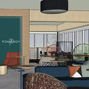 The Pomeroy Apartment lobby rendering presents a modern and welcoming entry space.