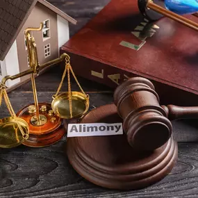 Legal imagery including a gavel, scales, model house, and “alimony” label, representing Ibrahim & Dobaria Law, PLLC’s expert handling of spousal support, asset division, and family law matters.