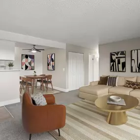 Open concept living with vinyl plank flooring throughout.