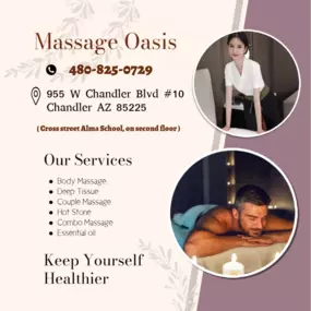 The full body massage targets all the major areas of the body that are most subject to strain and
discomfort including the neck, back, arms, legs, and feet. 
If you need an area of the body that you feel needs extra consideration, 
such as an extra sore neck or back, feel free to make your massage therapist aware and
they will be more than willing to accommodate you.