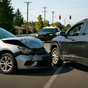Two-vehicle accident at suburban Tacoma intersection near Lakewood with police in background