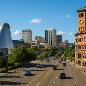 Bright daytime view of downtown Tacoma with the Museum of Glass and Old City Hall under a clear blue sky.