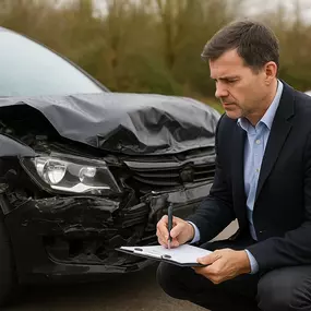 A stock-style image showing an insurance adjuster taking notes at the scene of a car crash in Tacoma, Washington.
