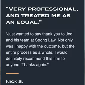 A powerful 5-star review praising Strong Law’s client-first approach. We serve clients across Tacoma with the same respect and results.