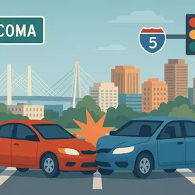 Car crash in downtown Tacoma with skyline in background
