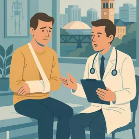 Injured man consulting doctor in Tacoma with cityscape view